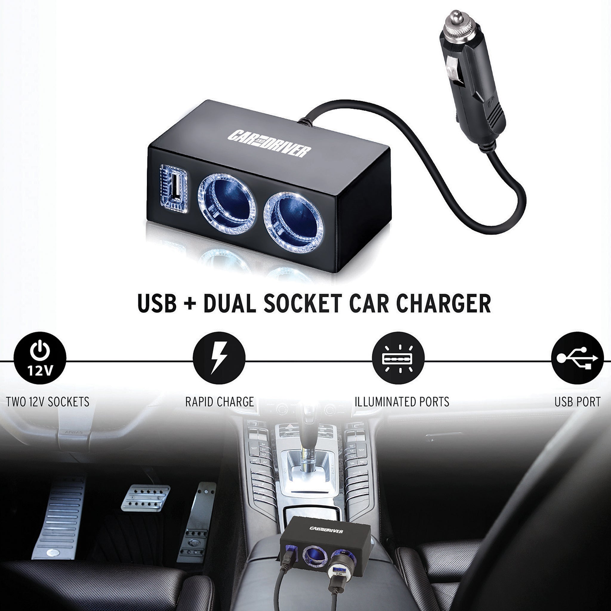 USB & DUAL SOCKET POWER ADAPTER - CAR AND DRIVER 4742BK